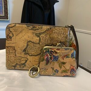 Patricia Nash Map print Wristlet (9 in X 6.5 in)  and floral print coin purse